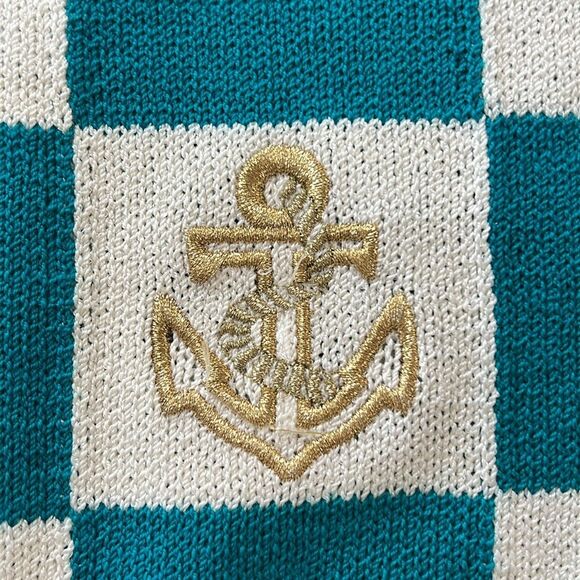 Vintage St John Nautical Sweater Gold Embroidered Anchor Checkered Knit USA L - Picture 9 of 13